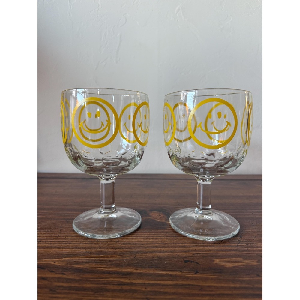 Pair Retro 1970s Bartlett Collin's Yellow Smiley Face Goblets Rare Flower Power
